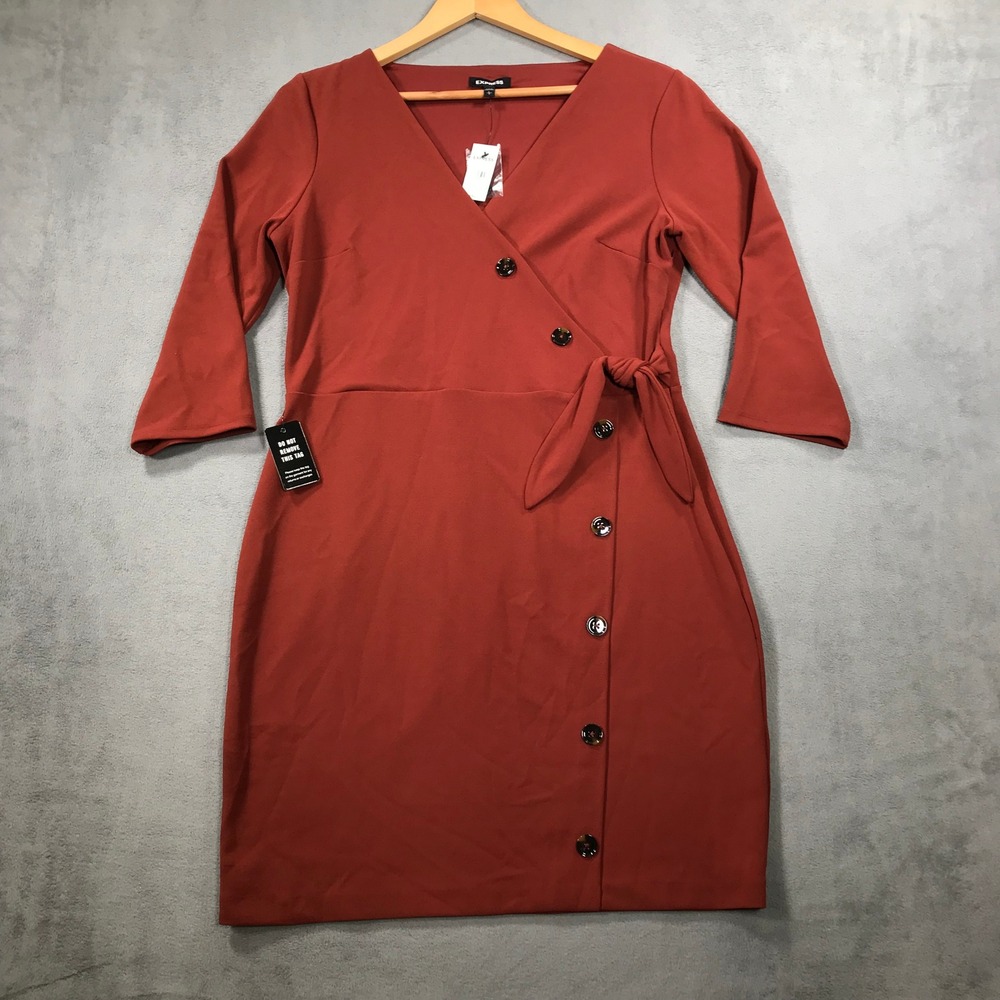 Express Faux Wrap Dress Womens Large Rust Orange New Asymmetrical Button Tie
